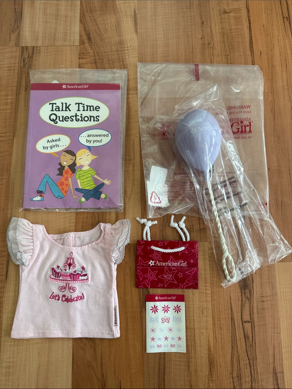 NEW American Girl Doll Birthday Top, Balloon, Book, Mini Shopping Bag w/stickers